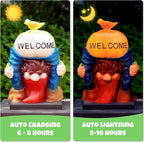Solar Garden Statues Lights, 8.5" Cute Outdoor Gnome Figurine with Auto On/Off for Yard Patio Decor, Gifts for Women, Grandma, Mom, Housewarming (Welcome Gnome)