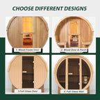 Smartmak Customized Outdoor Barrel Steam Sauna, 2-10 Person Canadian Hemlock/Red Cedar Traditional Wood Sauna Room with 220V ETL-Certified Heater, Backrest Headrest, Rocks, Light Accessories Included
