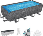 Bestway APX 365 18' x 9' x 52" Rectangular Above Ground Swimming Pool Outdoor Backyard Framed Pool Set with Sand Filter Pump, Ladder, and Cover, Gray