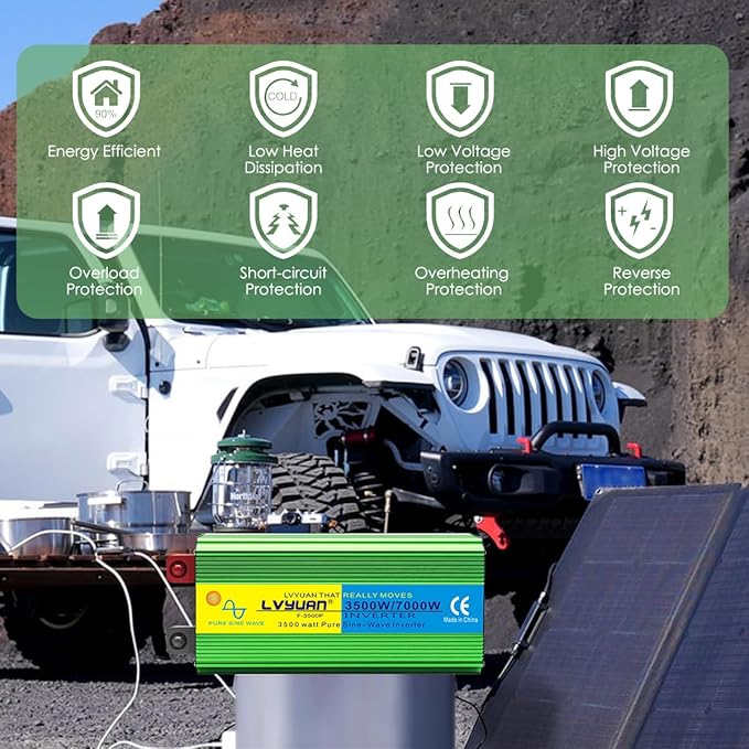 LVYUAN 3500W Pure Sine Wave Inverter DC 12V to AC 110V/120V Car Inverter with 4 AC Outlets USB Port for Camping/Truck/RV/Solar System/Travel Camping