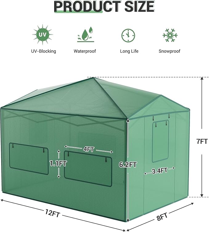 8x12FT Instant Pop-Up Walk-in Greenhouse, Plant Hot House with Galvanized Steel Frame, Green PE Cover, Roll-Up Zipper Door, Portable Large Plant Tent with Ground Pegs & Ropes for Stability