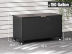 Outdoor Storage Box with Wheels 150 Gallon, Metal Deck Boxes Waterproof, UV Resistant Patio Storage Box with Lid for Patio Furniture, Garden Tools (Black)