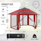 CROWN SHADES 13x13 Pop up Gazebo with Mosquito Nettings, Patented Center Lock 6-Sided Portable Gazebo, 300D Silver-Coated Fabric UV Resistant, Pop Up Canopy Tent for Patio, Party, Red&Grey