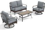 PHI VILLA Outdoor Porch Furniture Set, Upgraded Wicker&Metal Deep Seating Patio Furniture Conversation Set with Waterproof Thick Cushions for Balcony, Deck, and Yard (4 Pieces,Grey)