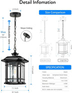 VIANIS Large Outdoor Pendant Light, Black Chandelier Lantern, Anti-Rust Outdoor Hanging Lights, Porch Lights Ceiling with Tempered Seed Glass for House