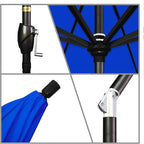 California Umbrella 9' Round Aluminum Market Umbrella, Crank Lift, Push Button Tilt, Black Pole, Sunbrella Pacific Blue