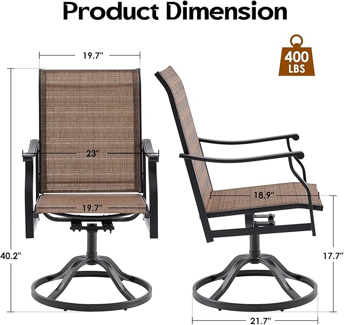 Patio Swivel Chairs Set of 2, Outdoor Dining Chairs with Textilene, Swivel & Rocker Metal Outdoor Patio Dining Chairs All-Weather for Backyard, Brown Fabric with Black Frame