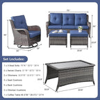Rilyson 6 Piece Outdoor Patio Furniture Set - Rattan Wicker Patio Conversation Sets with 2 Swivel Rocker Chairs,2 Ottomans,1 Sofa and 1 Coffee Table for Outside Porch Deck Yard (Mixed Grey/Blue)