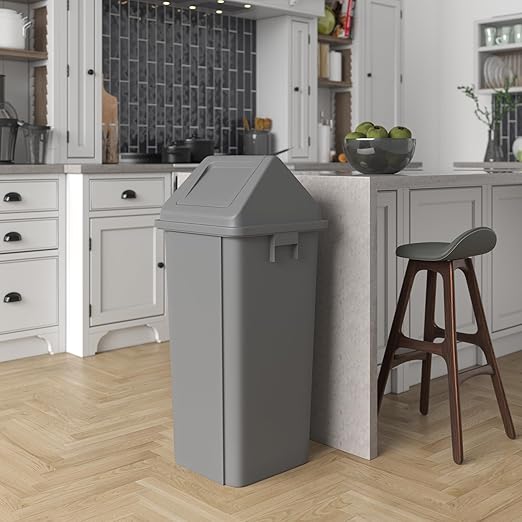 23 Gallon Gray Square Trash Can with Dome Swing Lid – Durable Commercial Plastic Waste Bin for Restaurants, Offices & Public Spaces