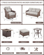 Belord Luxurious 7 Piece Patio Furniture Set with Fire Pit Table, High Back Wicker Swivel Rocker Glider Outdoor Chairs with 6" Cushion, All-Weather Patio Conversation Set for Yard Garden - Brown/Beige