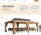 EROMMY 14'x24' Hardtop Gazebo, Galvanized Steel Double Roof with Wood-Looking Aluminum Frame, Outdoor Permanent Metal Pavilion with Curtains and Nettings for Patio, Backyard and Deck