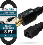 IronBox Electric NEMA L6-30P to C19 Power Cord - 20Amp, 250V, 12/3 SJT - UL Listed Heavy Duty Power Extension Cable for Generator, Data Centers, Outdoor Use, High-Powered Applications & More (8 ft)