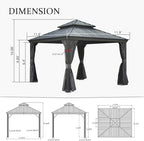 Domi 12'x12' Hardtop Gazebo Canopy,Outdoor Aluminum Gazebo with Galvanized Steel Double Roof,Permanent Gazebos with Drainage System,Curtain and Netting Included,Grey