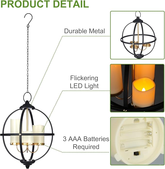 Battery Operated Outdoor Candle Chandelier - Black and Gold Metal Globe Hanging Pendant Light with 3 Flameless Candles, 12.6" Waterproof Lights for Gazebo, Pergola, Garden, Porch & Backyard