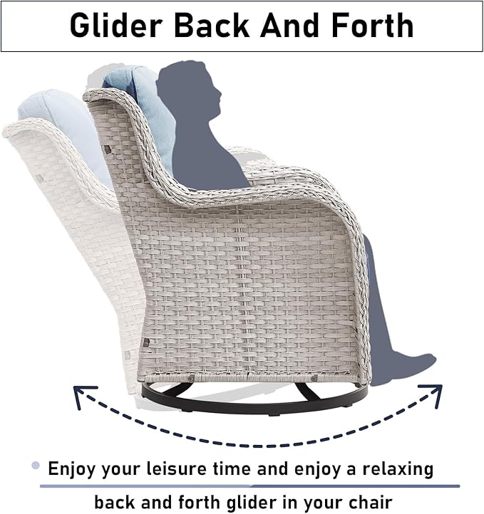 Luxury Wicker Swivel Patio Chairs Set of 3, Outdoor Swivel Rocking Chairs with Side Table, Outdoor Bistro Set for Patio, Porch, Yard, Deck, Poolside, Light Beige/Ligth Blue