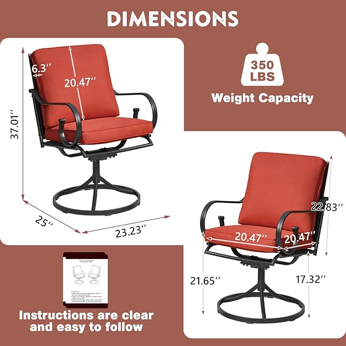 MELLCOM Patio Swivel Chair Set of 8, Heavy Duty Outdoor Dining Chairs with Thickened Cushions, Metal Patio Chairs Gentle Rocker for Outside, Garden Lawn & Porch, Backyard, Red