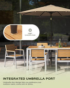 Outdoor Dining Set for 6, Patio Table and Chairs Set, Aluminum Patio Furniture Set with Umbrella Hole, HDPS Patio Dining Table Set for 6 (White-Teak)