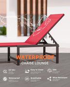 Chaise Lounge Chair Outdoor, Aluminum PatioChairs with 5 Adjustable Backrest and HeadrestPillows for Outside Beach，Red