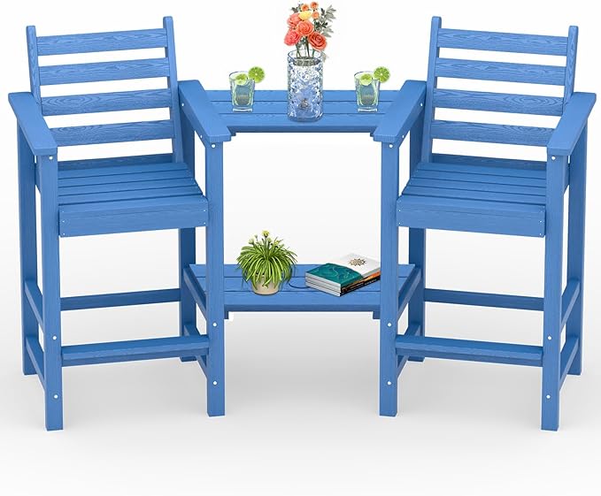 Tall Adirondack Chairs Set of 2, All Weather HDPE Poly Bar Height Balcony Adirondack Chair with Removable Double Connecting Trays, Outdoor Adirondack Barstools for Deck, Patio, Yard, Pool, Lawn