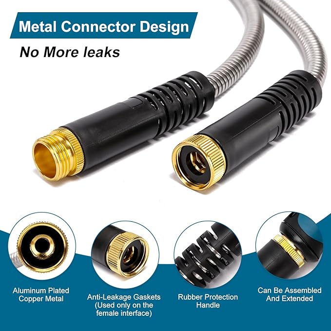 Metal Garden Hose 100 FT, Stainless Steel Hose, Water Hose with 10 Function Nozzle, No Kink & Tangle, Easy to Use & Store, Heavy Duty Lightweight Outdoor Hose