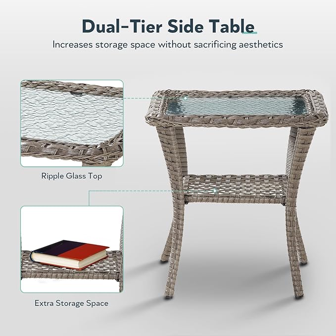 Outdoor Swivel Glider Rocker Chairs - 3 Piece Wicker Patio Furniture Set, All Weather Patio Bistro Sets with Glass Side Table for Balcony Porch Deck Backyard - Grey Wicker Red Cushion
