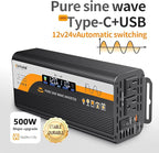 500W Pure Sine Wave Inverter (1000W Peak), 12V/24V Auto-Detect, 50Hz/60Hz Switchable, LCD Display, Type-C Fast Charging, Silent Design, Overload & Overheat Protection for RV, Home (Black-500W)