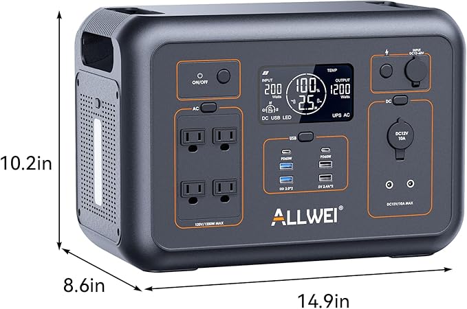 ALLWEI LiFePO4 Portable Power Station 1200W, 1008Wh LiFePO4 Battery, UPS Function, 1.5Hrs Fast Charge, 4 AC Outlets(Peak 2400W), Solar Generator for Outdoor Camping RVs CPAP Home Emergency