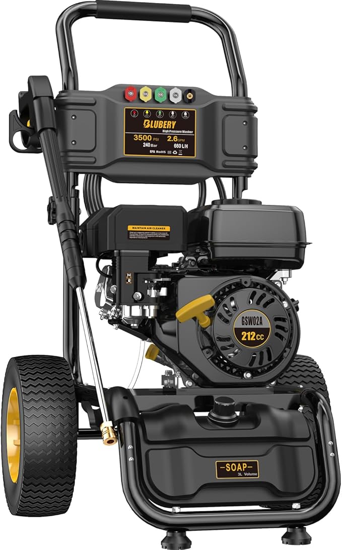 BLUBERY Gas Pressure Washer, 3500 PSI Pressure Washer，2.6 GPM Heavy Duty Power Washer, 30 feet Pressure Hose&Soap Tank,4-Stroke OHV 212cc Engine,Portable Industrial Style,Black