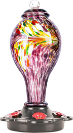 LUJII Hand Blown Glass Hummingbird Feeder for Outdoors Hanging with Ant Guard, 25 fl.oz, Leak Proof & Rustproof, Metal Base with 5 Feeding Ports & 5 Perches, Unique Garden & Backyard Decor (Purple)