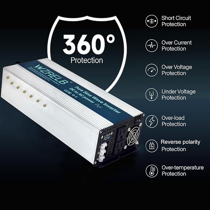 WZRELB 3000W Pure Sine Wave Inverter, Car Power Inverter 24V DC to 110V 120V AC Converter for RV, Truck, Solar, Outdoor with Dual AC Outlets, Hardwire Port, Surge 6000W, LED Display,Off-Grid
