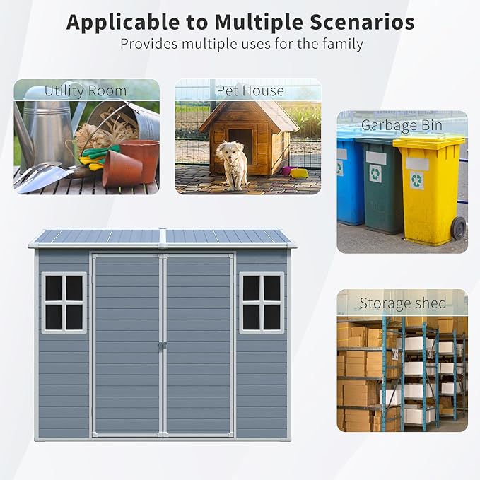 LANTRO JS Plastic Storage Shed with Floor, Resin Shed with Floor, 8x4FT Outdoor Shed with 2 Windows and Lockable Door Sheds for Garden Tools, Bike