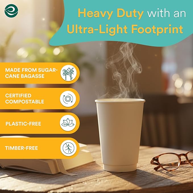 ECO SOUL 100% Compostable Plant-Based 16oz Hot Cups | (25 Count, 16 oz Hot Cups) | Disposable Bagasse Paper Cups | Eco-friendly Cups | Sturdy, Microwave & Oven Safe