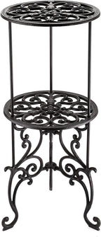 OwnMy Heavy Duty 2 Tiers Cast Iron Plant Stand, Vintage Iron Flower Pot Holder, 2 Layers Tall Decorative Potted Plants Stand Rack, Indoor Outdoor Large Plant Holder for Garden Patio, Retro-Brown