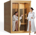 Far Infrared Wooden Sauna Low EMF- 2 Person Personal Sauna for Home Use, Full Spectrum Infrared Sauna, Dual Tempered Glass & Bluetooth Speakers - Indoor Sauna 2000W, Natural Wood