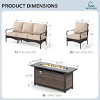 MFSTUDIO 4 Pieces Outdoor Patio Furniture Set, Metal Outdoor Conversation Set, Rattan Wicker Patio Sectional Set with 2 x Fixed Single Sofa, 3-Seat Sofa, 1 x Fire Pit Table, Beige