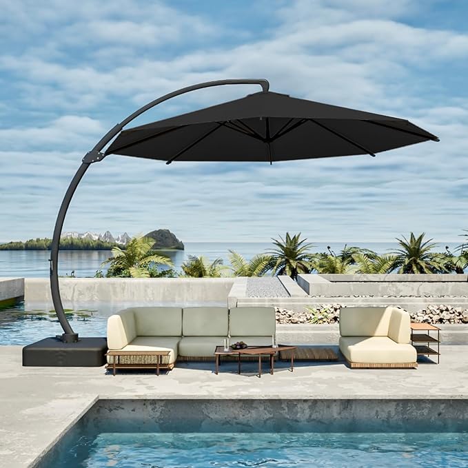 11FT Cantilever Umbrella with Base Large Curvy Outdoor Aluminum Offset Umbrella w/ 360° Rotation, UV Resistant Canopy for Patio, Garden, Backyard, Black