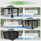 Domi 12’x16’ Outdoor Gazebo Hardtop with Gutters, Patio Gazebo Canopy with Resin & Metal Roof, Heavy Duty Permanent Pavilion for Backyard, Garden, Deck, Hot Tub, Curtains and Mosquito Netting Included
