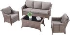 4 Piece Patio Furniture Set-Outdoor Rattan Wicker Sofa with Patio Chairs Outdoor Furniture for Porch Garden Backyard Poolside-Brown/Grey