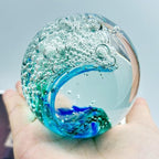 Decorative Crystal Ball Figurines Ocean Waves Paperweight Blown Glass Decor Sea Art Ocean Lovers Gift Blue Green 3.15"