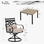 PHI VILLA 5 Pcs Patio Dining Set, Table Chair Set for 4 With Swivel Chairs and Metal Frame Steel Square Table, Outdoor Furniture With Cushion and Pillow for Garden Lawn Deck