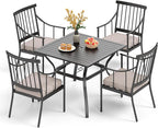 PHI VILLA 5 Piece Outdoor Dining Set with Cushion, 37” Square Metal Dining Table with Umbrella Hole & 4 Cushioned Steel Chairs for Patio, Deck, Yard