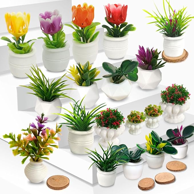 Dollhouse Plants and Flowers, 24Pcs, Miniature Bonsai Plants, Mini Potted Plants, Models Tiny Fake Greenery Ornaments for Dollhouse Decoration
