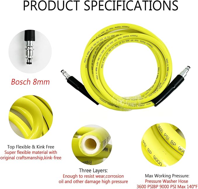 5800PSI/400Bar Ultra Flexible Pressure Washer Hose for Bosch Home Cleaning, 5M-30M High Pressure Extension Tube with Quick-Connect Adapter,(Red/Blue/Yellow/Green/Grey/Orange/Light Blue)(Yellow,16FT)
