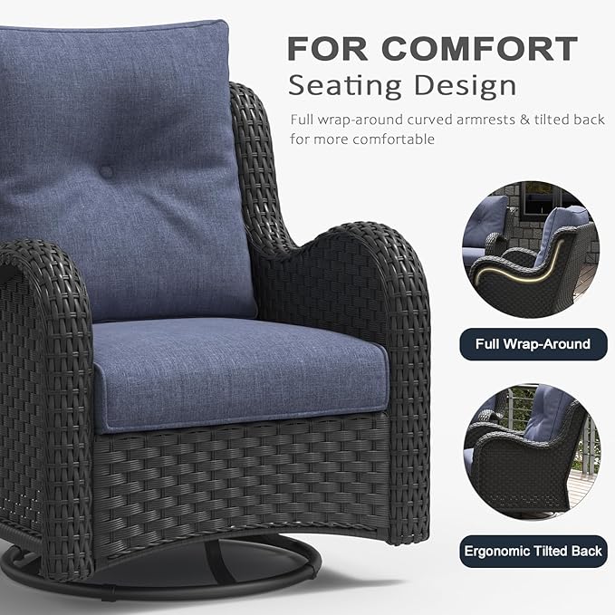 LayinSun 10 Pieces Outdoor Patio Furniture Set with Fire Pit Table, Rattan Wicker Sectional Swivel Rocker Chairs Sets with Ottomans, Swivel Glider Chair, Single Chairs and Coffee Table