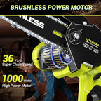 Brushless Mini Chainsaw with 1000W High Power Motor, 36 FT/S 6Inch Cordless Power Chainsaw with Auto-Oil System, 2025 Upgraded 20V Electric Chain Saw with 2x2000mAh Battery & Quick Charger, 3 Chains