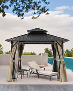 12' x 12' Hardtop Gazebo, Aluminum Frame Patio Hardtop Gazebos with Netting and Curtain, Outdoor Patio Pergola, Outdoor Patio Gazebo with Double Metal Roofs for Lawns, Garden, Deck, Sandstone