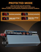 1000W Pure Sine Wave Power Inverter 12V DC to AC 110V 120V Peak Power 2000W with 2 AC Outlets Car Inverter and Dual 3.4A USB Port Cooling Fans and LCD Display for Inverter Home RV Car Solar System