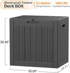 31 Gallon Deck Box, Small Outdoor Storage Box Waterproof, UV-Resistant and Weatherproof Outside Resin Storage Bin for Outdoor Patio Furniture Pillows, Pool Supplies, Garden Tools, Black