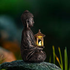 Buddha Garden Statue with Solar Light, Resin Zen Decor for Outdoor Patio or Indoor Meditation, Spiritual Gift for Women and Friends (Copper Pavilion)