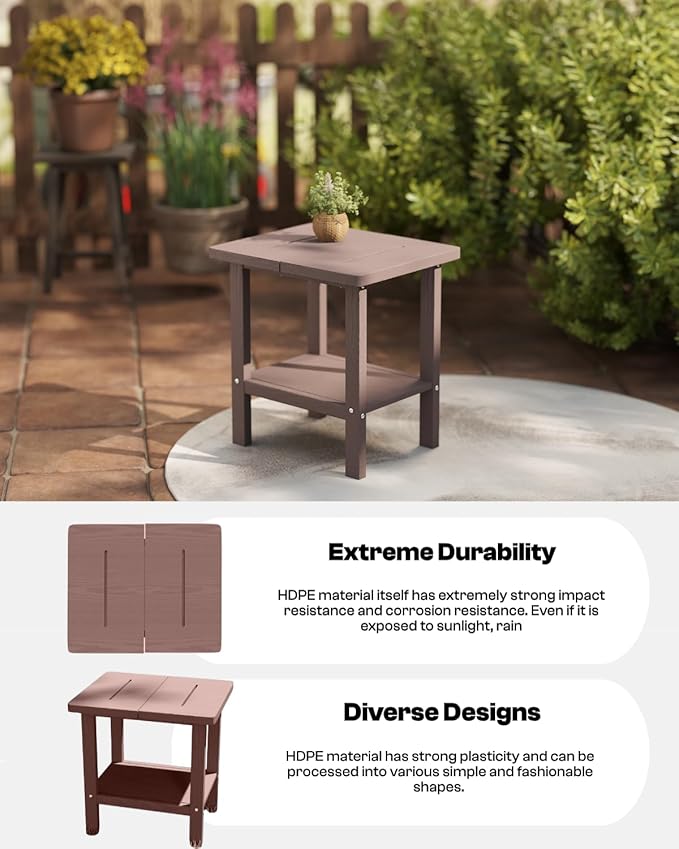 Kingdura Adirondack Outdoor Side Table, 16 x 13 Inches HDPE Plastic Outside End Tables for Patio Pool Porch Backyard Indoor, 2 Tiers Storage Shelf, All Weather Resistant, Easy Maintenance (Brown)
